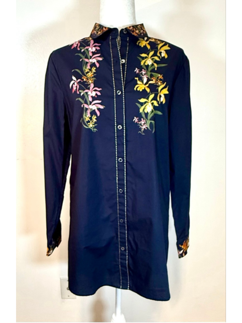 Desigual Navy Floral Button Down Shirt Me, metallic stitching, long length mini